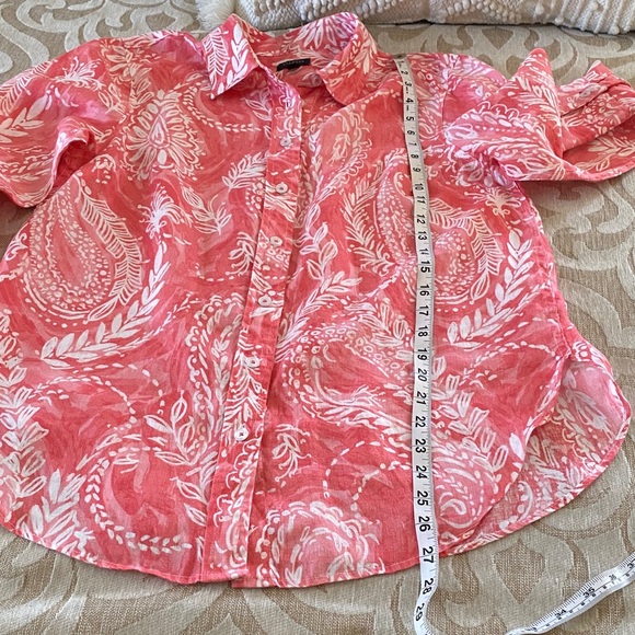 **Talbots Medium Petite Linen Button-Down Shirt - Coral Paisley Print - Picture 6 of 8